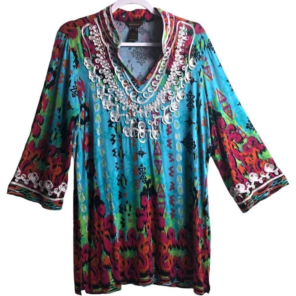 Multiples Boho Soutache Embroidered V-Neck Tunic Top